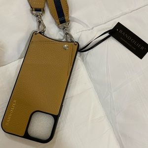 Bandolier Mustard Leather Crossbody Phone Case with Navy Strap
